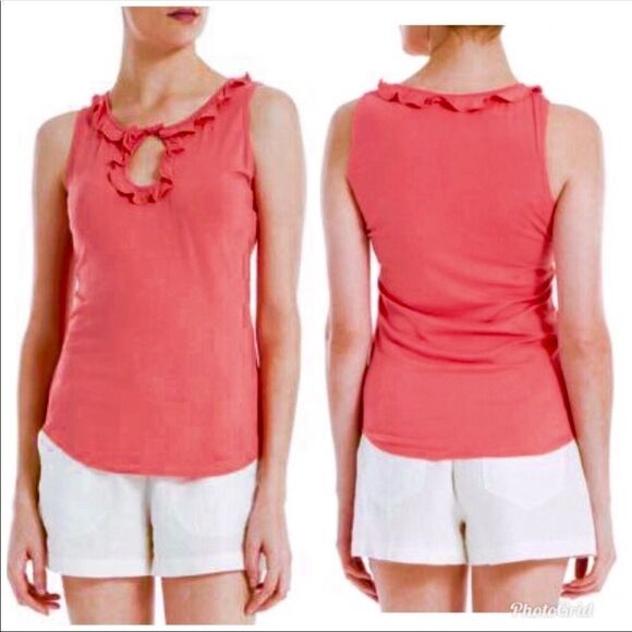 SOPHIE MAX Coral Pink Tank Top‎ Ruffle Sleeveless Stretch Keyhole Summer XS New - Picture 3 of 10